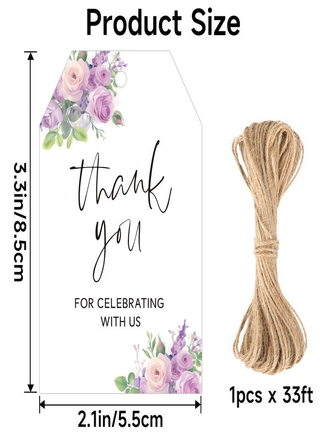 joycraft 50Pcs Thank You Tags with String, 3.3x2.1 in Purple Floral Gift Wrap Tags, White Paper Party Favor Labels, Thank You for Celebrating with Us Hangtags for Wedding, Baby Shower, Christmas - Image 2